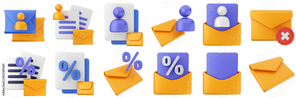 Poster 3d mail email user account discount message document file envelope media chat delivery icon set bund
