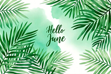 Obraz premium Hello June Text with Tropical Green Leaves Frame, Summer Concept