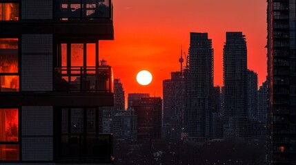 A vivid sunset casting orange light over a cityscape at dusk