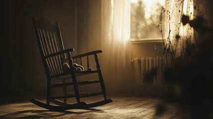 A wooden rocking chair rests in a warmly lit room