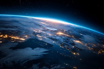 Obraz premium View of earth from space showing city lights and cloud cover with a visible atmosphere layer