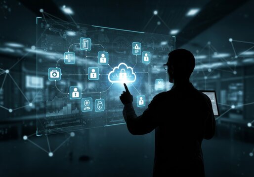 Man interacting with cloud computing interface for healthcare data