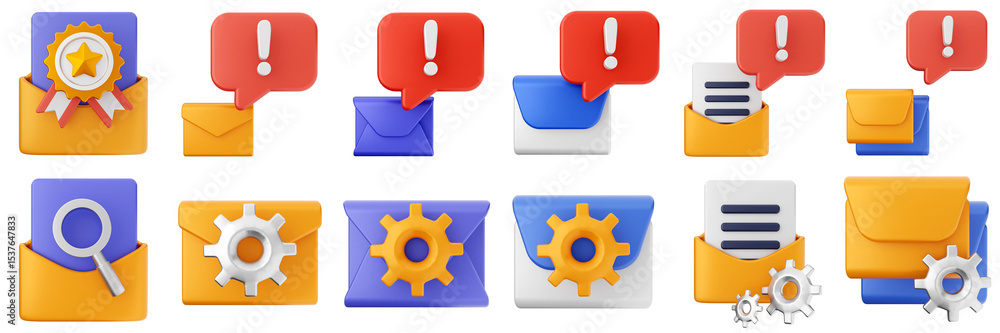 Poster 3d mail email message warning document file envelope media chat delivery icon set bundle illustratio