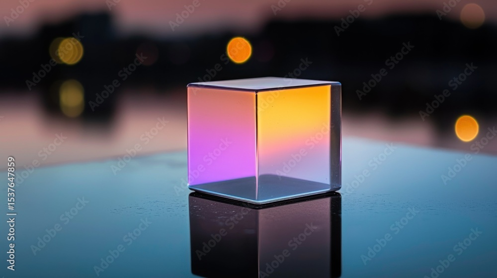Poster a translucent cube displays colorful gradients on a reflective surface
