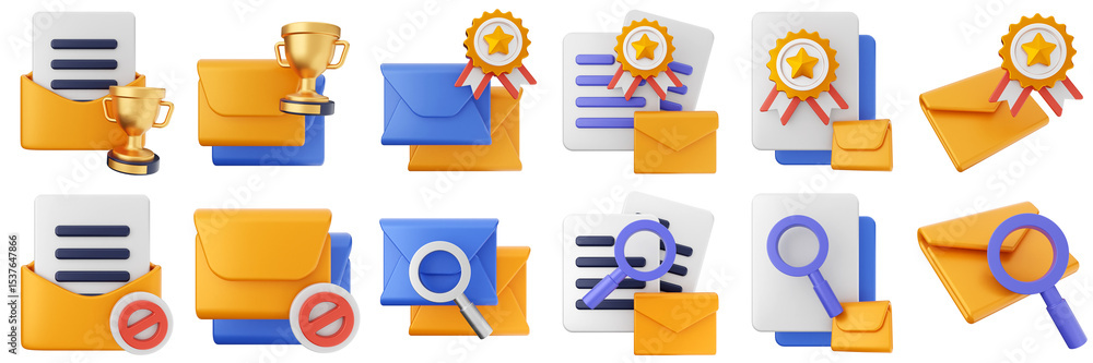 Poster 3d mail email message reward badge trophy document file envelope media chat delivery icon set bundle