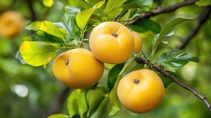 Close-up of ripe peaches on a branch.