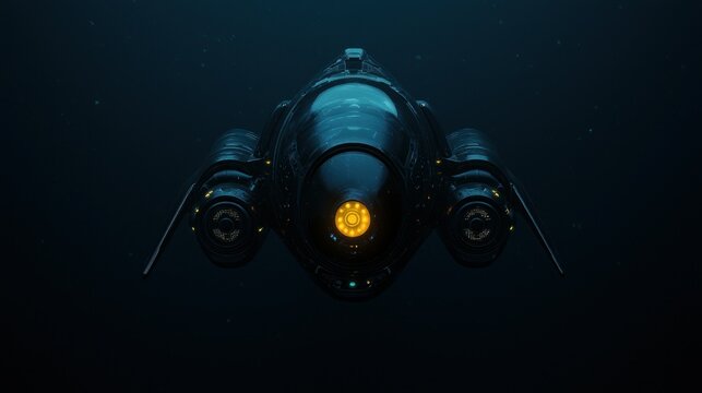 A futuristic spacecraft is viewed from its backside in space