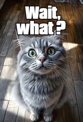 Surprised Cat Meme Illustration with Bold ‘Wait, Smug Cat in Suit Meme Illustration with Business Charts and GraphsWhat’ Text 