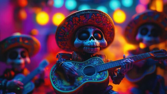 Colorful mariachi band of skeletons playing guitar with vibrant lights, celebrating mexican traditions - day of the dead concept