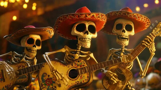 Joyful skeleton musicians in vibrant sombreros playing guitars amidst festive lights for day of the dead celebration