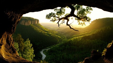A cave opening offers views of a lush green valley and mountains