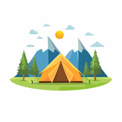 Mountain Camping Scene Tent, Trees, and Majestic Peaks Illustration