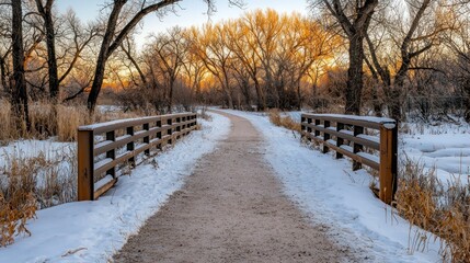 A snow covered path leads across a wooden bridge in winter