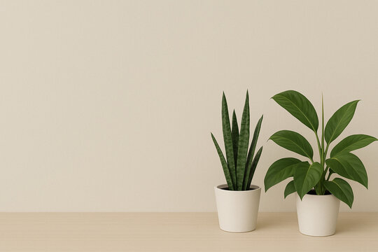 Pared lisa y vacía y dos plantas sobre un escritorio, estilo minimalista