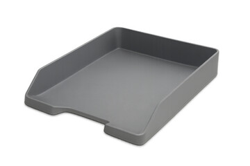 Fototapeta premium Grey desk tray organizing paperwork, empty workspace accessory preparing efficient office management on transparent surface