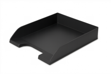 Black plastic desk organizer tray isolated on transparent background, perfect for showcasing stationery or office supplies