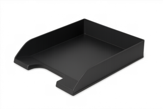 Black plastic desk organizer tray isolated on transparent background, perfect for showcasing stationery or office supplies