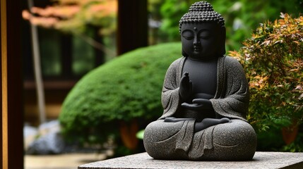 A stone statue of Buddha sits peacefully outdoors in a garden