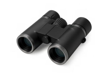 Black binoculars with silver details, isolated on a transparent background, ideal for birdwatching, hiking, or any outdoor activity