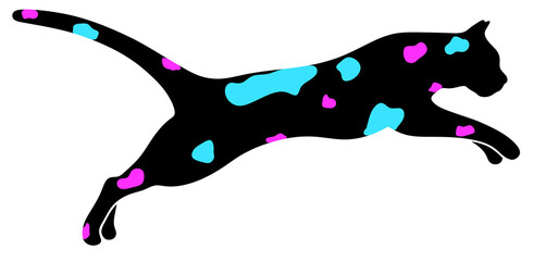 Silhouette of a jumping cat with bright spots of blue and pink color. Minimalistic cat design with pop art elements. Perfect for posters, prints, pet store logos and pet design projects.