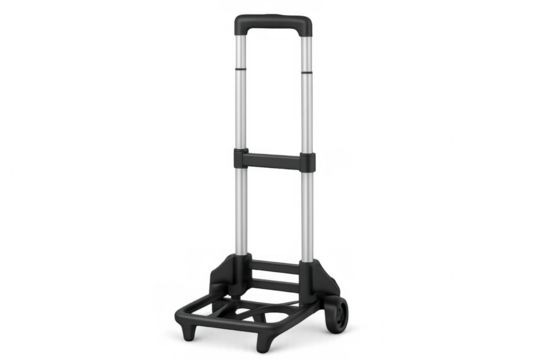 Lightweight folding hand truck featuring two wheels and telescoping handle, serving transportation and shipping needs against transparent background