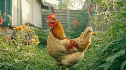 A handsome rooster standing in a colorful garden of flowers