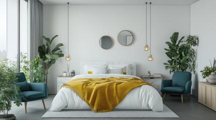 Bright, airy bedroom with plants, white bedding, yellow throw, and round mirrors