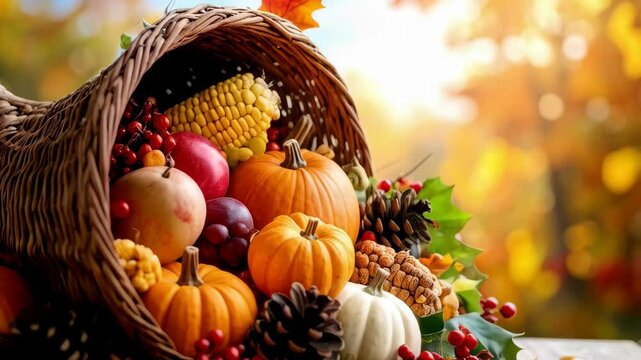 Abundant harvest cornucopia filled with pumpkins, apples, corn, pinecones and red berries on rustic wood table