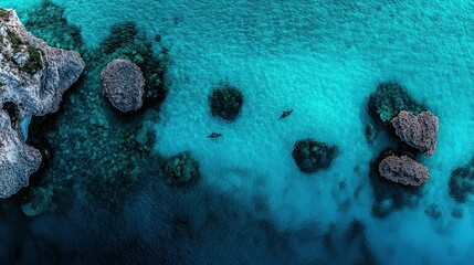 Overhead aerial view of turquoise ocean water with rock formations