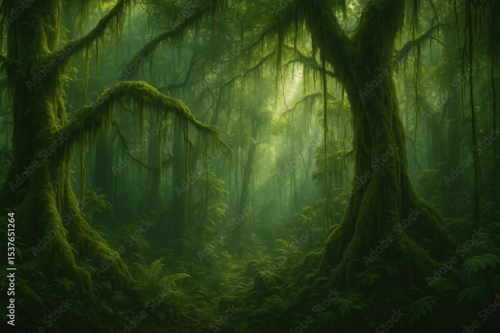 Poster enchanted rainforest scene with moss-covered trees and filtered sunlight creating mystical atmospher