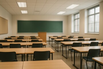 Empty university classroom with blurred academic environment and educational institution atmosphere