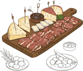 vector illustration of charcuterie board with cheese, appetizer, ham, olives, restaurant, tapas, spanish food
