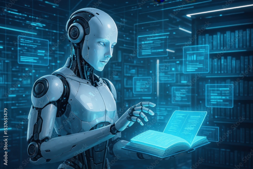 Aufkleber futuristic ai robot reading digital books in high-tech library with holographic displays
