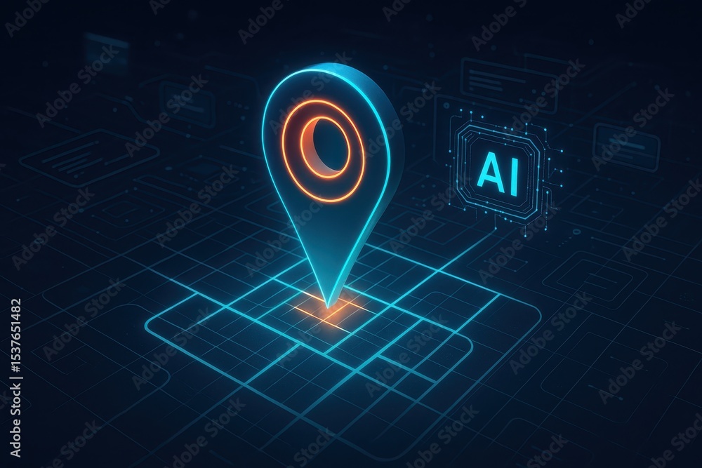 Poster futuristic gps location pin with ai technology and smart navigation interface