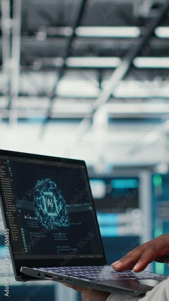 Poster vertical video software developer in data center uses ai technology on laptop to optimize storage vo