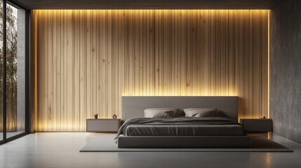 Serene bedroom with concrete floor, wood wall, glowing lighting, and large window