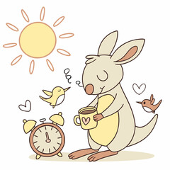 Sunny Mornings themed SVG: Relaxed Wallaby with with a stuffed animal in a Morning sunshine environment
