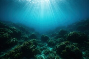 Fototapeta premium Mysterious underwater seascape featuring sunlight penetration and rocky ocean floor exploration for marine biology and ocean conservation