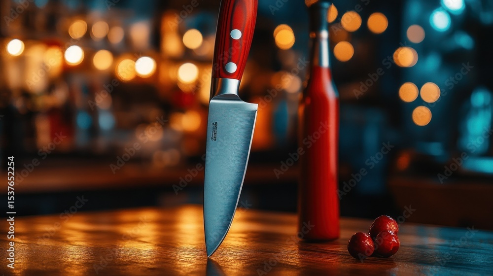 Aufkleber a sharp knife stands on a wooden table near red objects