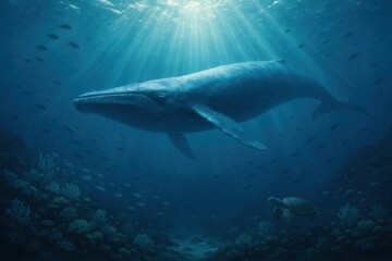 Fototapeta premium Magnificent Blue Whale Swimming in Deep Ocean with Marine Life Ecosystem