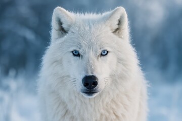 Obraz premium Majestic Arctic Wolf Portrait with Piercing Blue Eyes and Snow-Dusted Fur in Natural Habitat