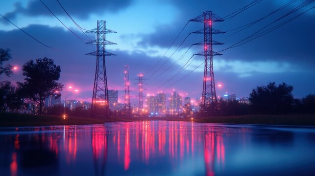 Power lines above a body of water reflecting city lights at night - Powered by Adobe