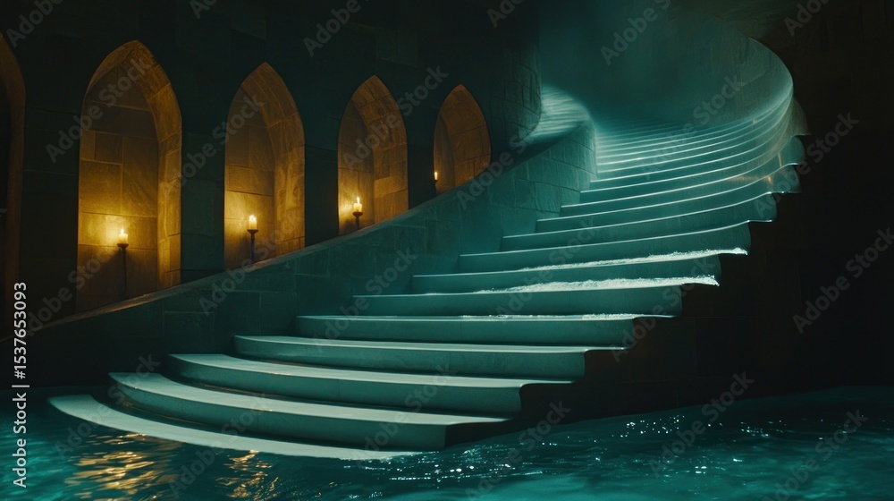 Aufkleber a winding staircase leading up through architecture with ambient illumination