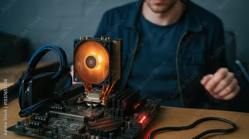 Aufkleber computer engineering technician installs cooling fan on motherboard with precise hardware technology