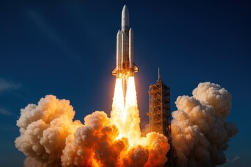 Space Rocket Launch with Bright Orange Flames Against Clear Blue Sky