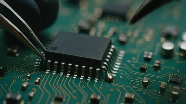 Soldering microchip on circuit board with precision tools highlights skill in computer engineering and advanced electronic component technology