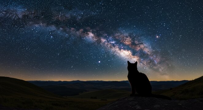 Silhouette of Feline Gazer Admiring Majestic Milky Way on Dark Evening Vista