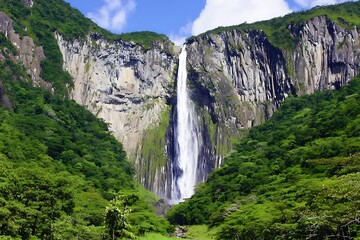 Majestic waterfall cascading down a steep cliff face in a lush green valley.