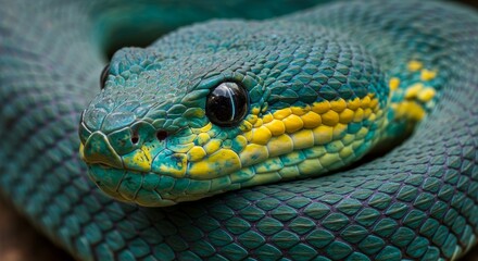 Fototapeta premium Enchanting close-up of a viper snake head with vibrant teal and golden scales