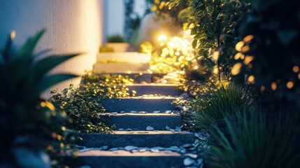 A stone staircase leads upwards into a luminous garden scene